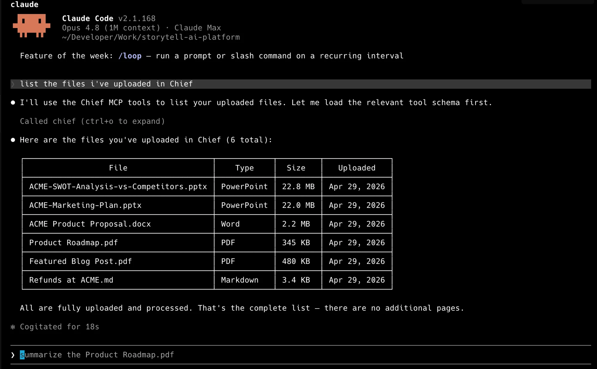 A Claude Code session using the Chief MCP tools to list the files uploaded to a project