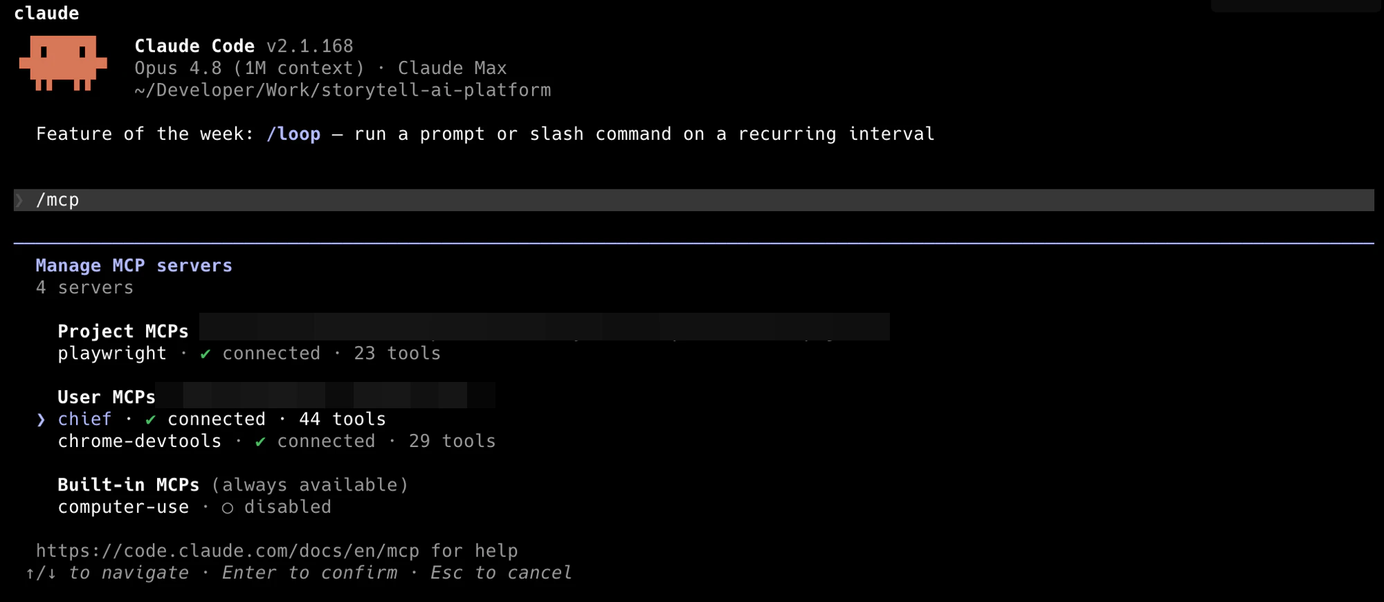 Claude Code's /mcp panel showing the chief server connected with 44 tools