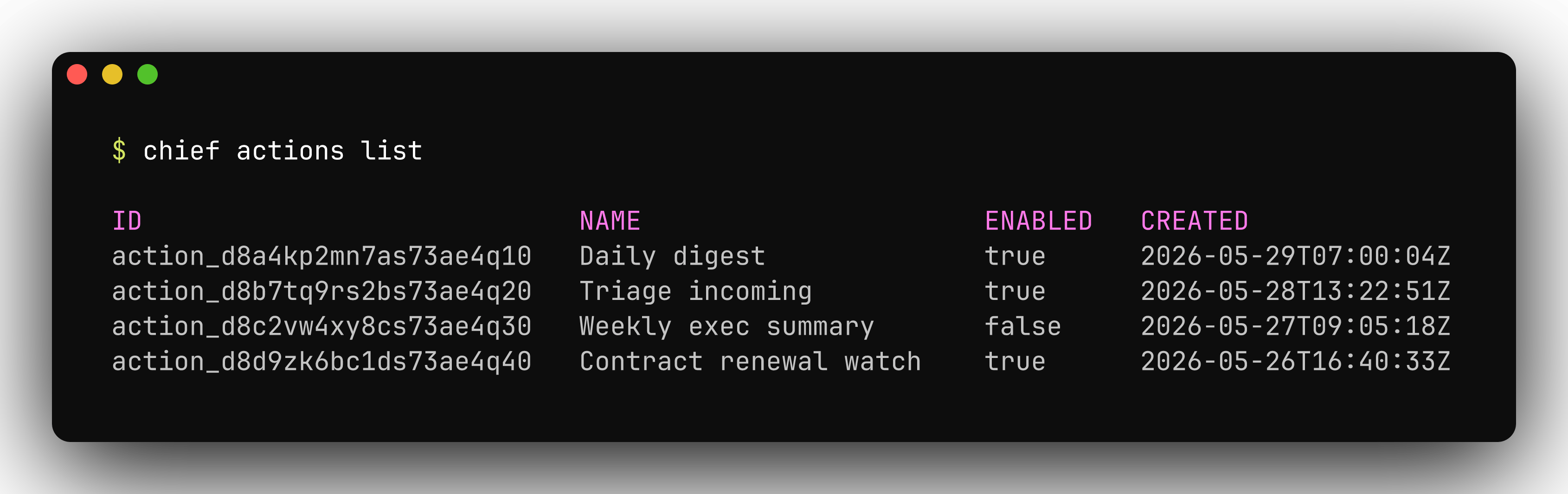 chief actions list showing scheduled actions with their cron schedules and enabled status