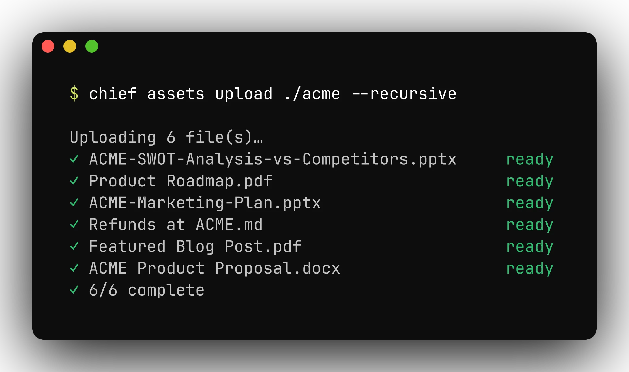 chief assets upload showing per-file ready, dedup, and failed statuses
