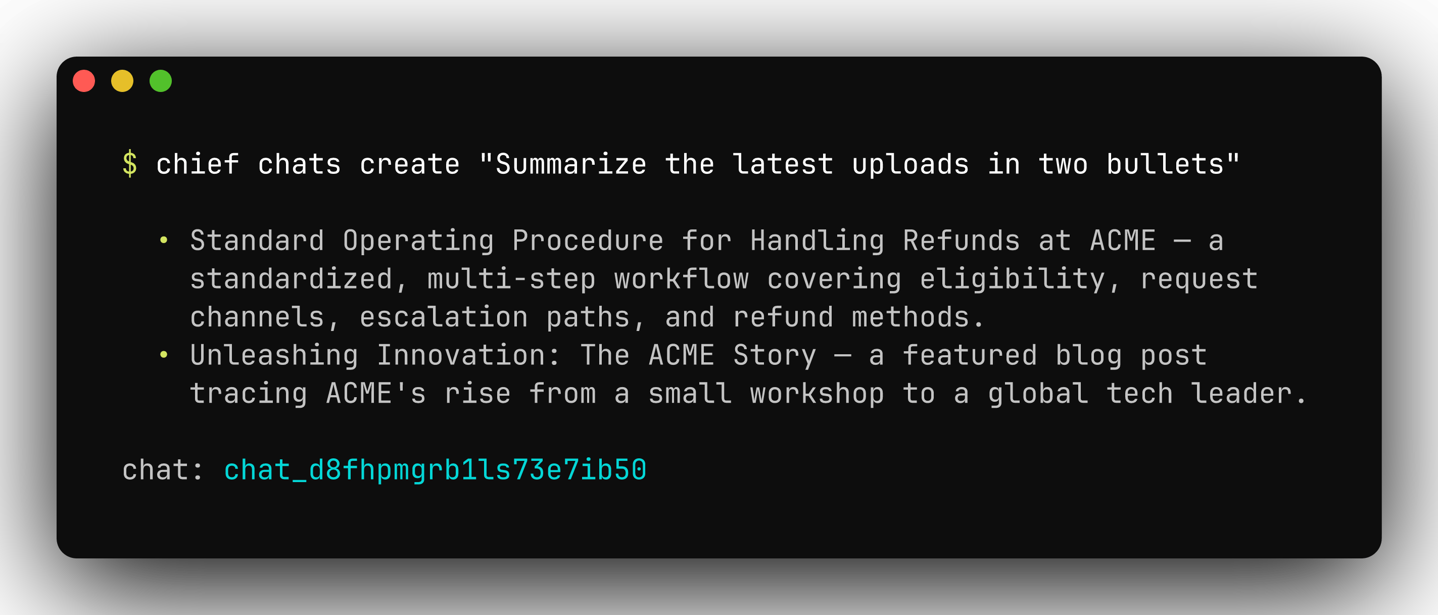 chief chats create rendering a two-bullet summary in the terminal