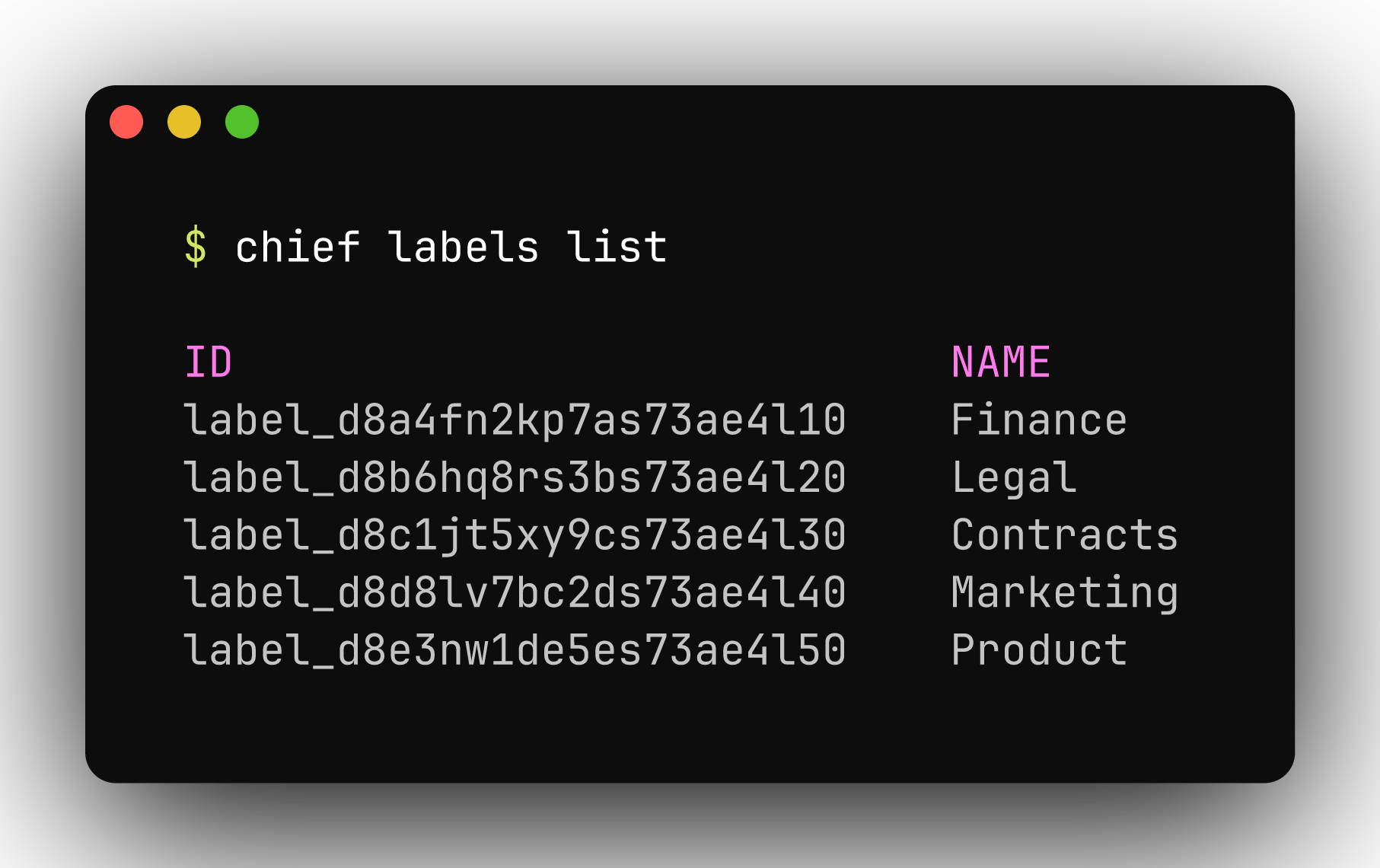 chief labels list showing label names, colors, and ids