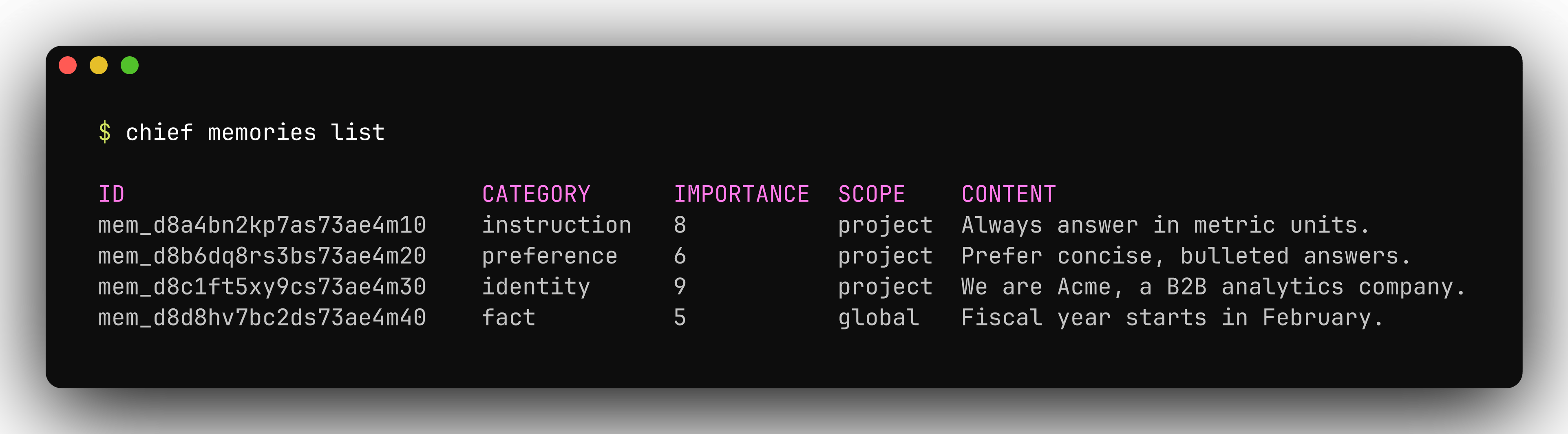 chief memories list showing memory content, category, and importance score