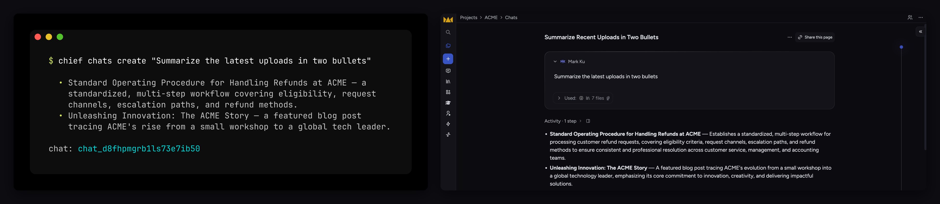 The chief CLI creating a chat in a terminal beside the same chat open in the Chief web app