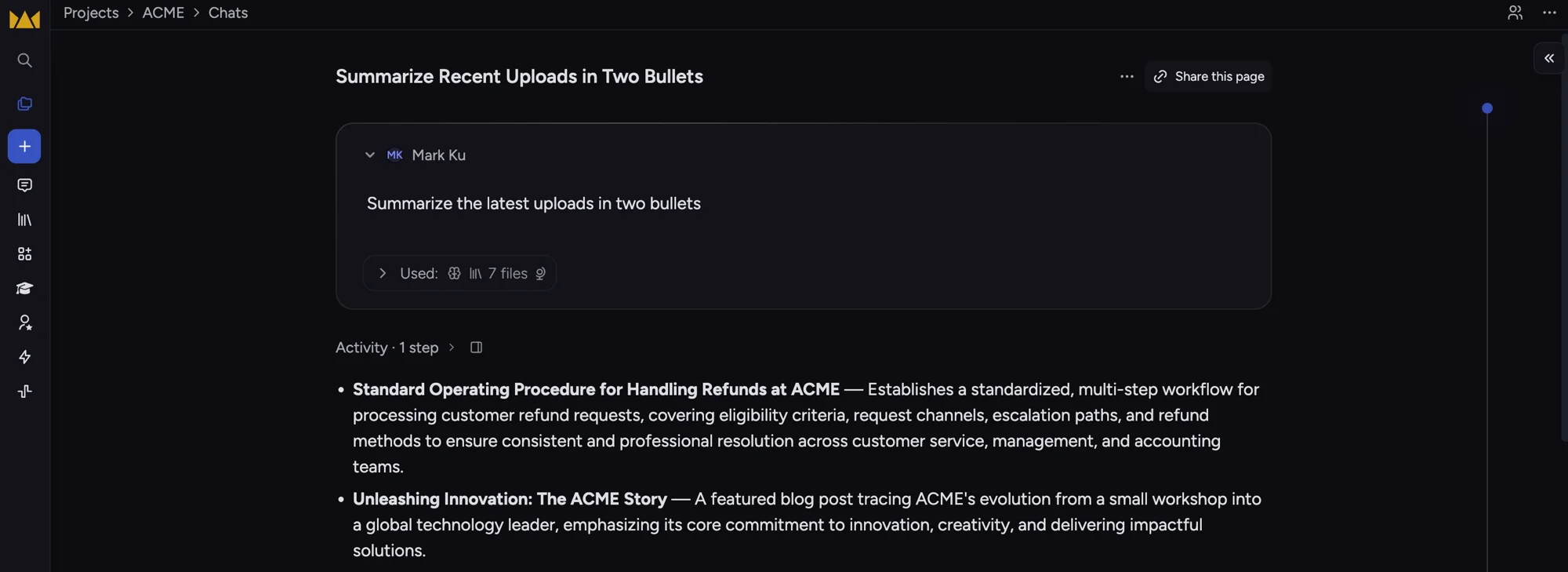A Chief chat answering a summarize-uploads question with a two-bullet response citing the project's files