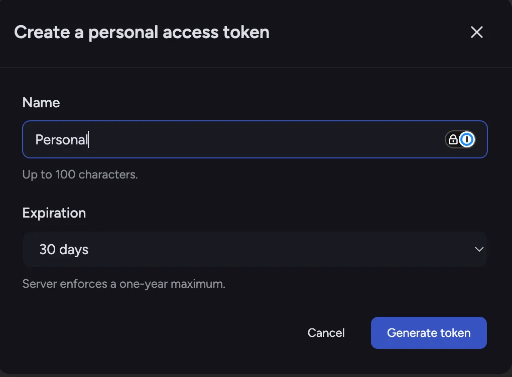 Chief's Create a personal access token dialog with a name field and expiration selector