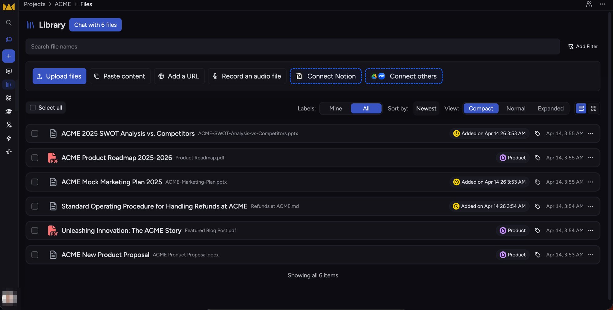 The Chief web app Library listing uploaded files in a project