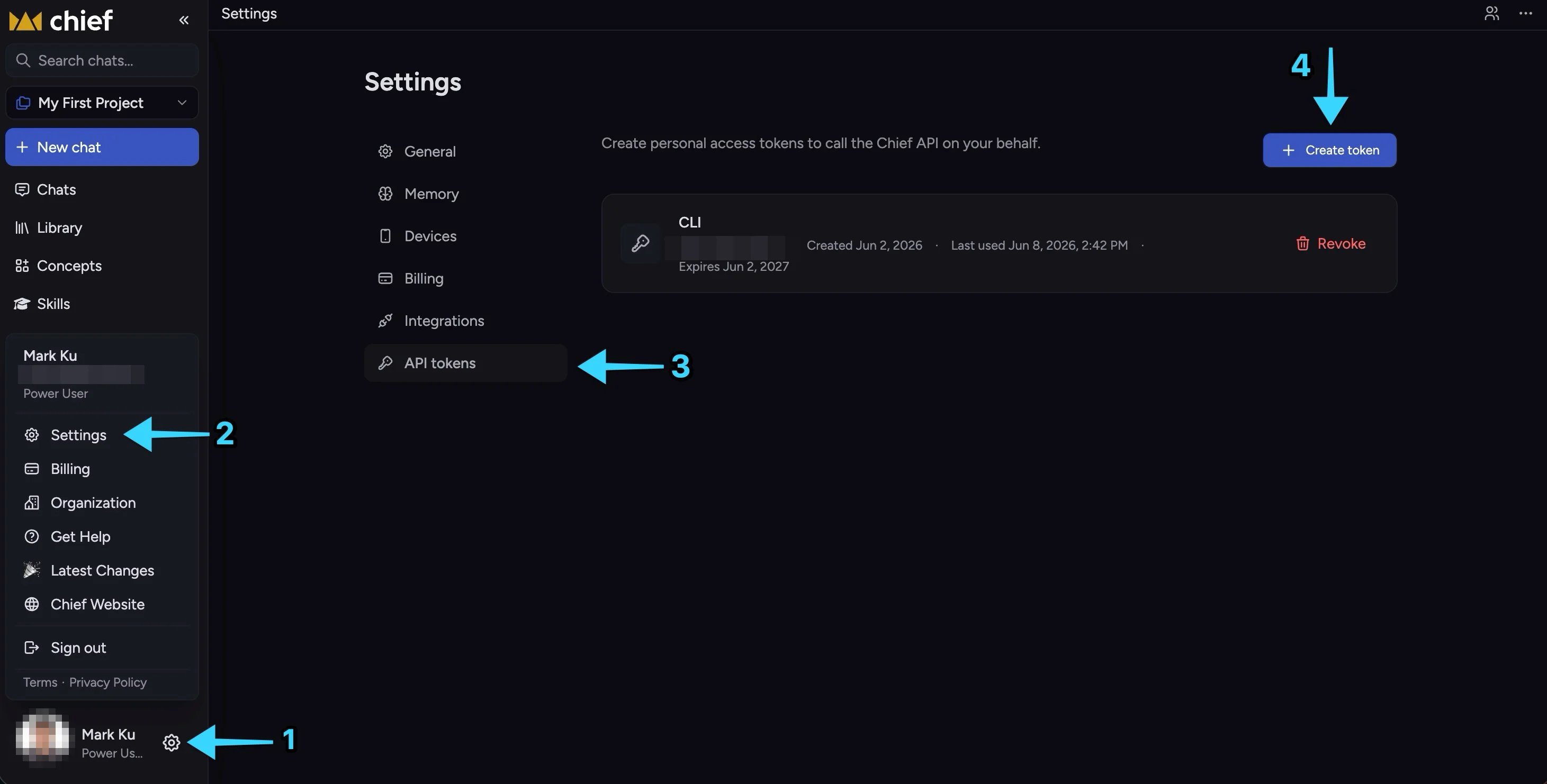 Chief Settings showing the path to the API tokens tab and the Create token button