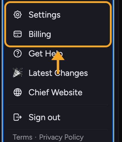 Chief account menu - Settings and Billing options