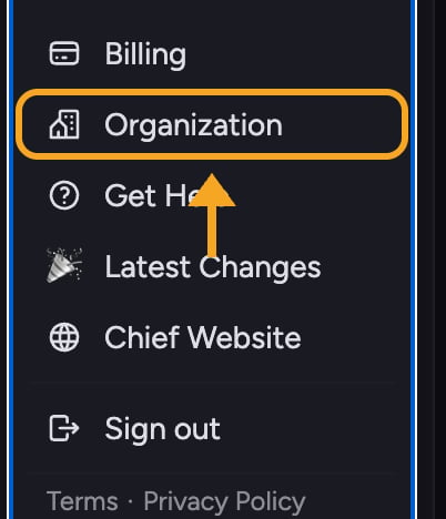 Chief org admin - opening Organization settings from the account menu