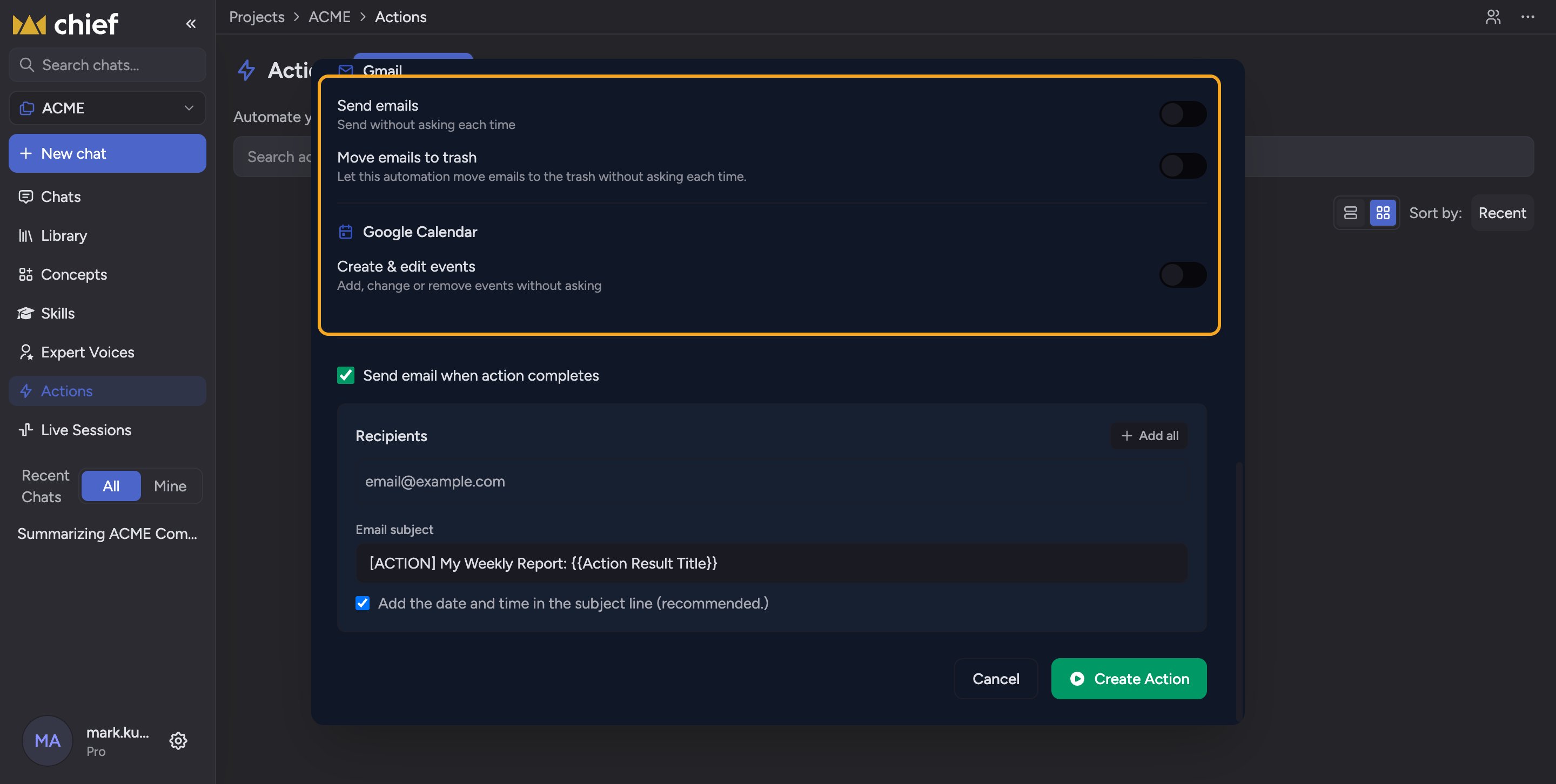 Chief: Confirming an Action before it runs — Skip the confirmation step