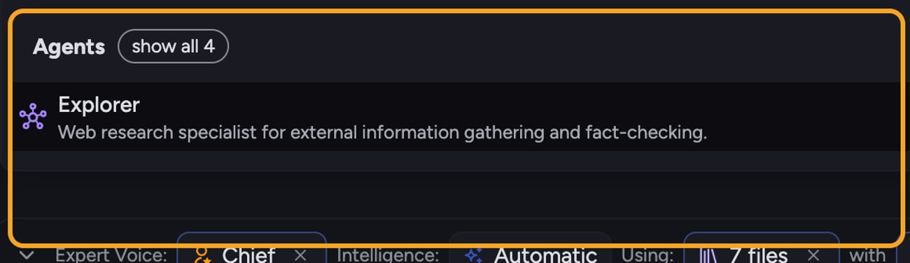 The Explorer agent in the at-mention picker, with a show-all-4 option