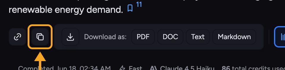 The Copy button on an answer, which copies as formatted rich text