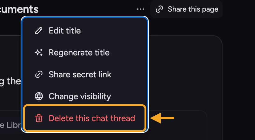 Chief: delete a chat — the Chat actions menu with Delete this chat thread