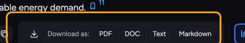 The Download as control on an answer with PDF, DOC, Text and Markdown formats