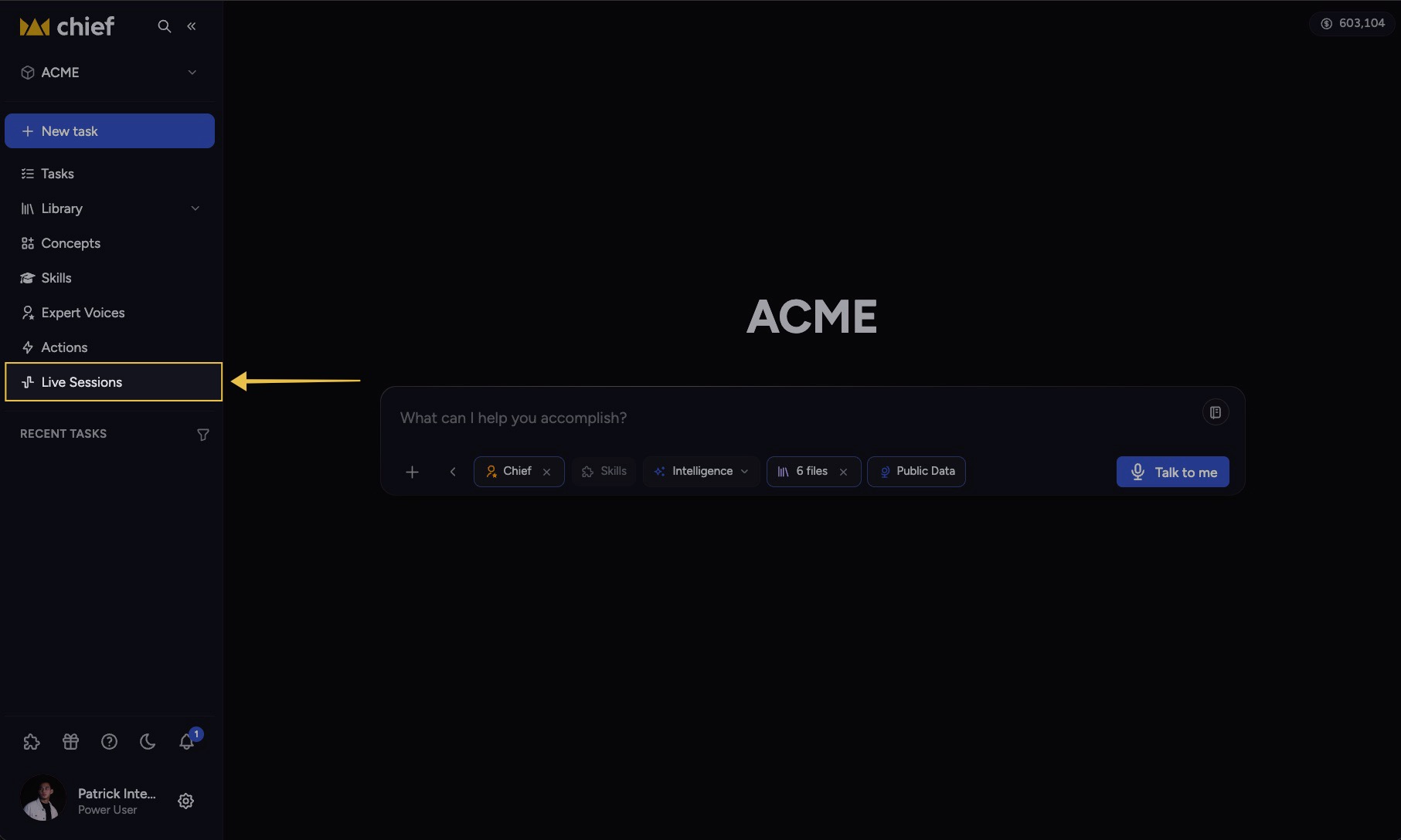 Chief - a Project home with Live Sessions selected in the navigation