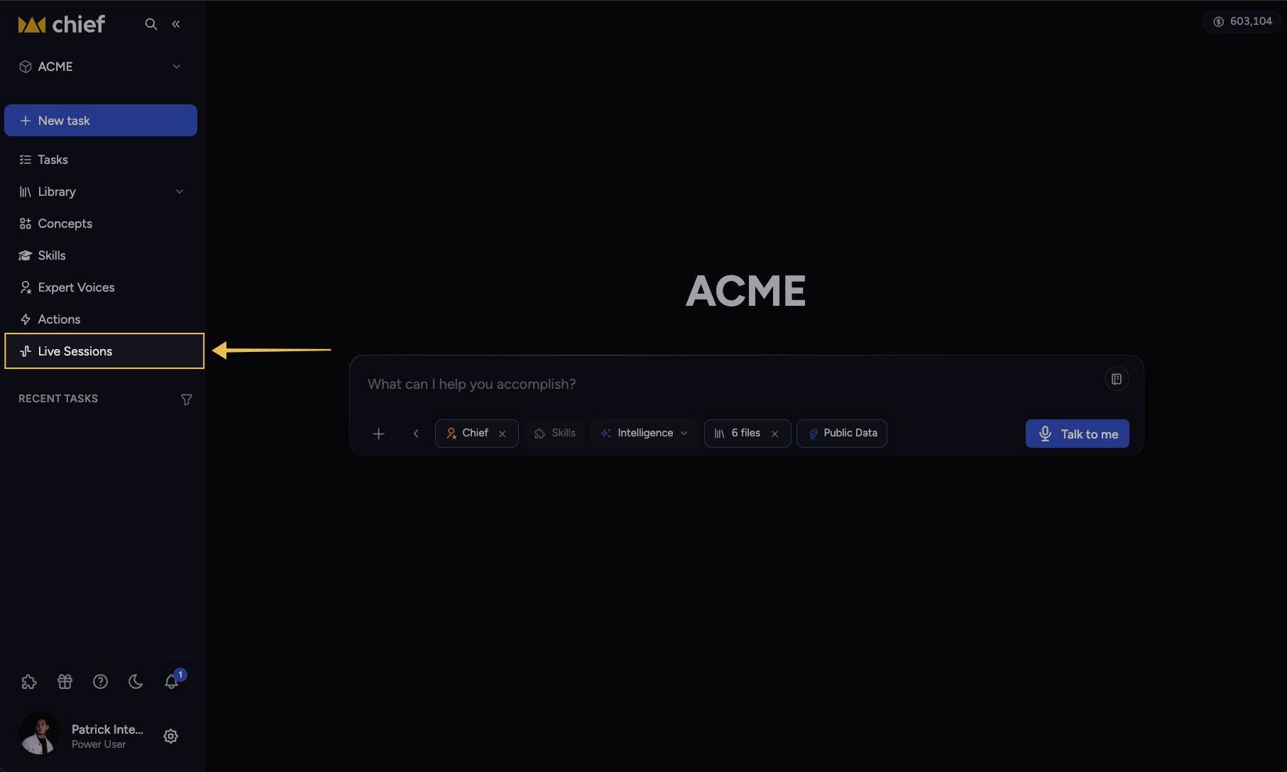 Chief - a Project home with Live Sessions selected in the navigation