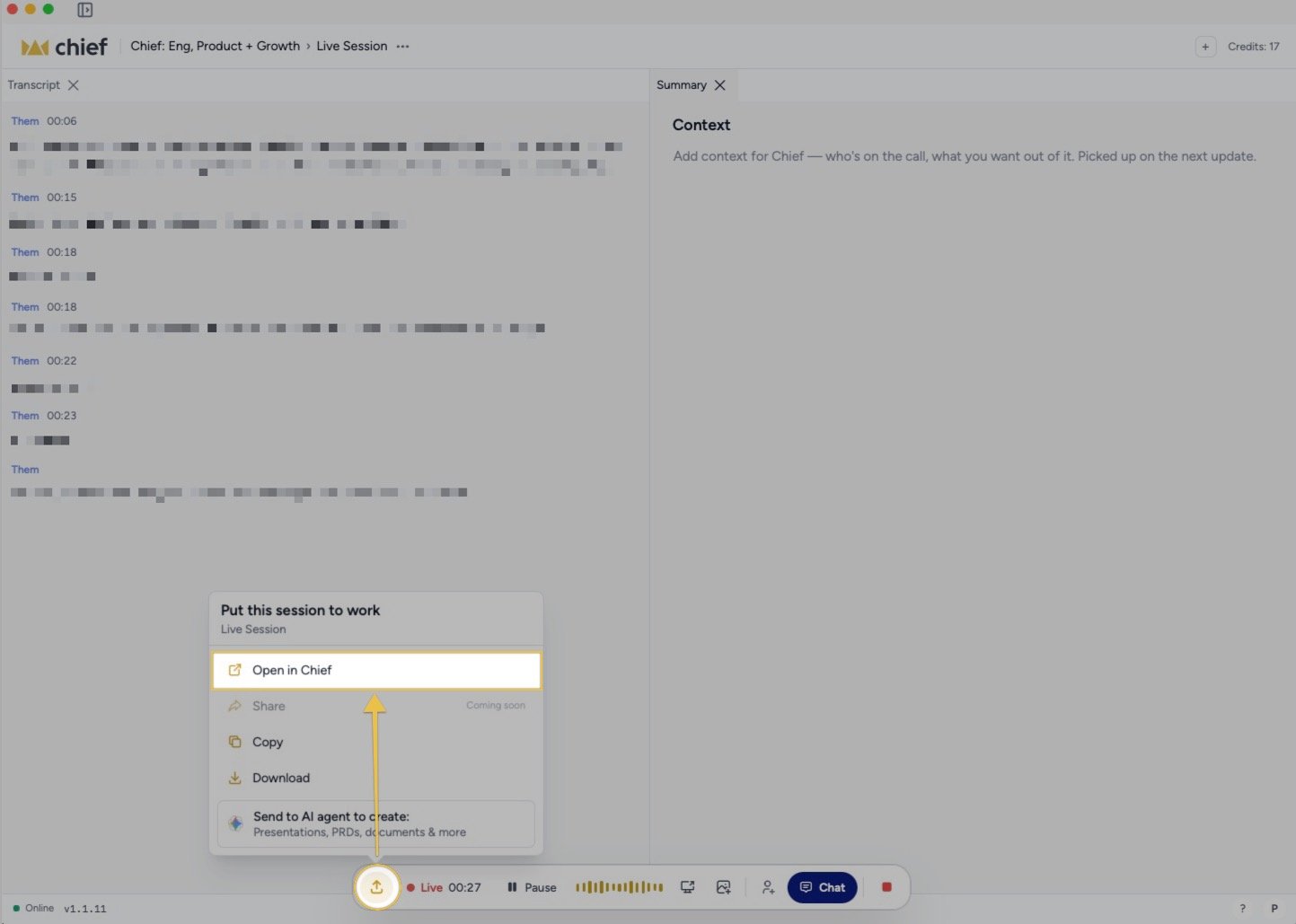 Chief - an opened Live Session recording with its transcript and recap