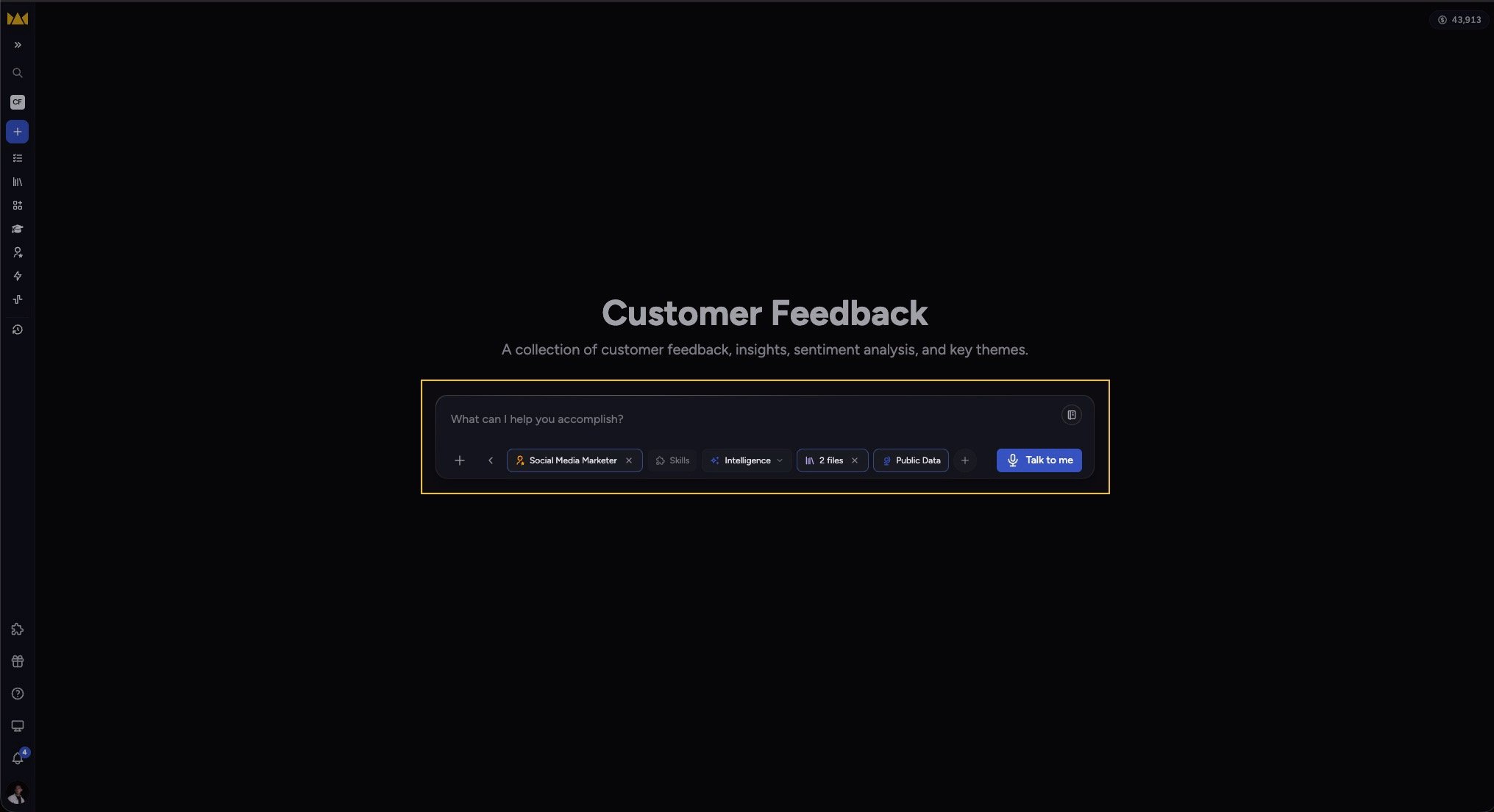 Chief - the prompt bar with Voice, Skills, Intelligence, Files, and Public Data controls