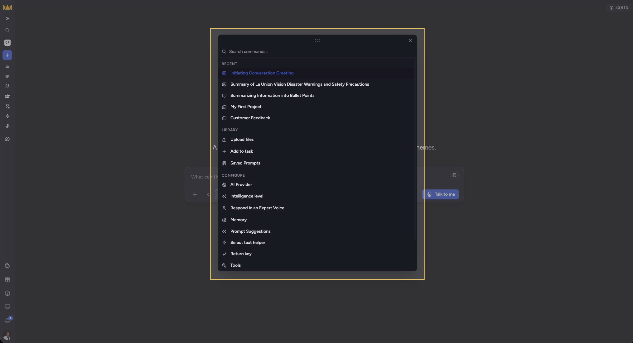 Chief - the Command Center with shortcuts for files, prompts, memory, and credits