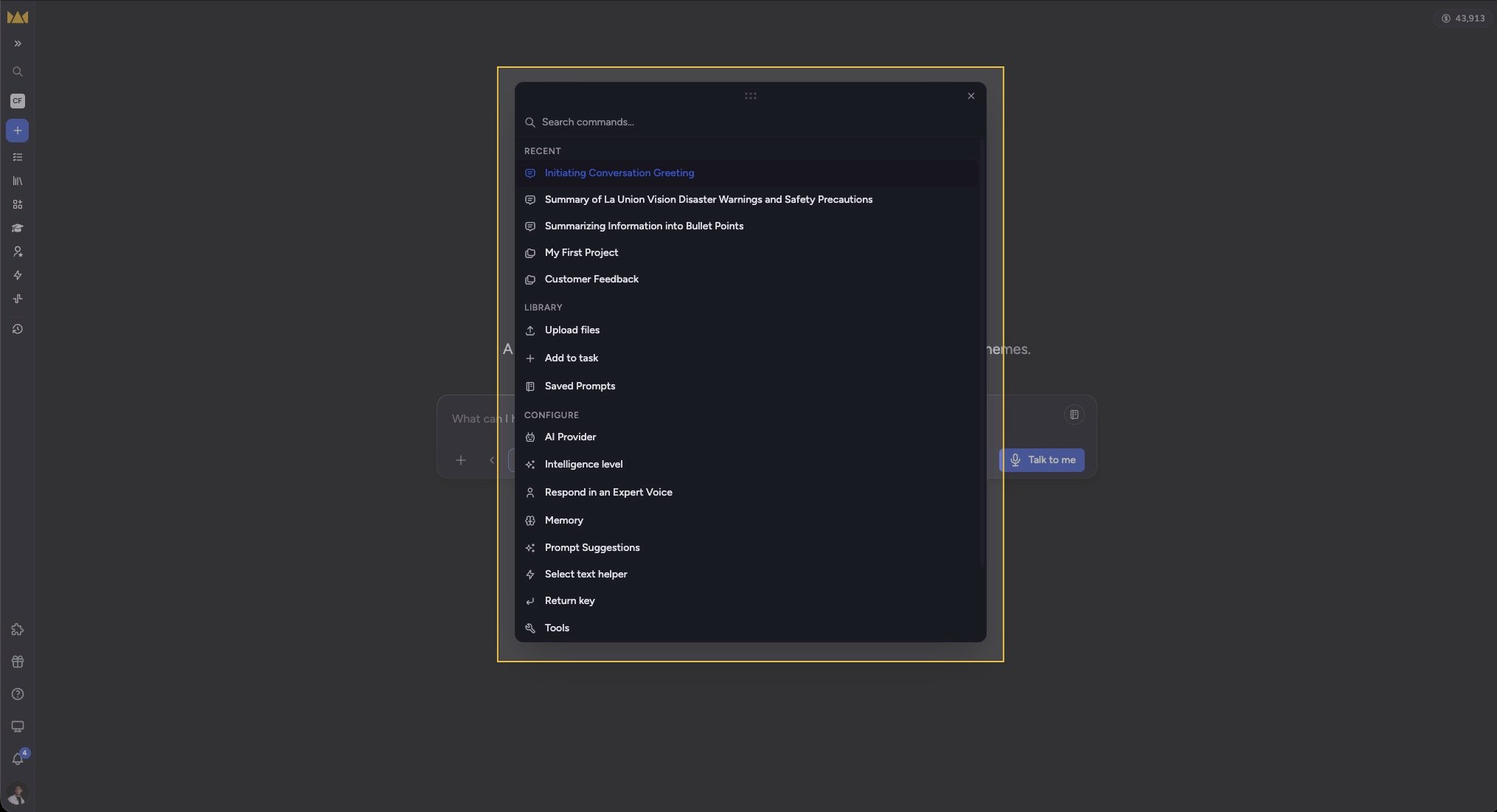 Chief - the Command Center with shortcuts for files, prompts, memory, and credits