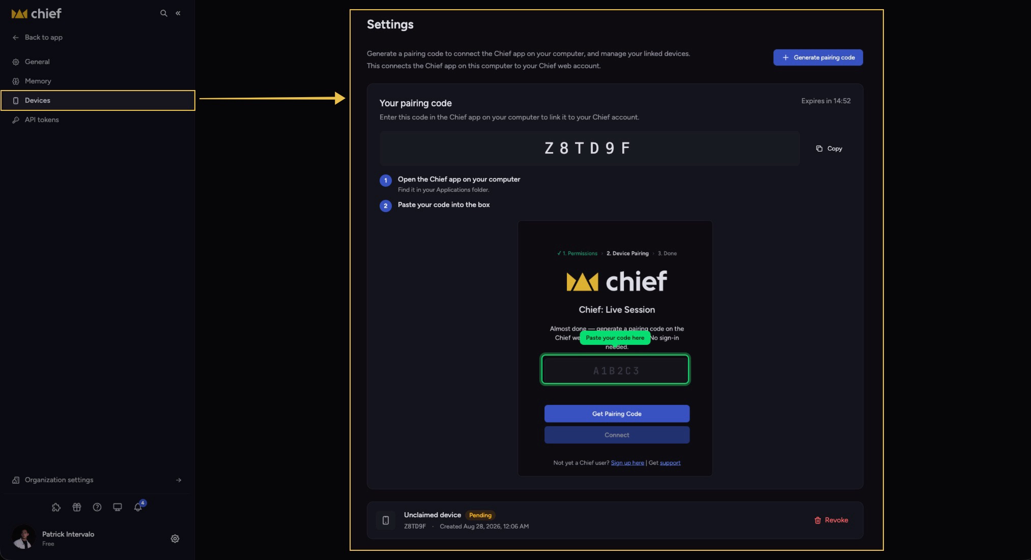 Chief Live Sessions - pairing the desktop app with your account