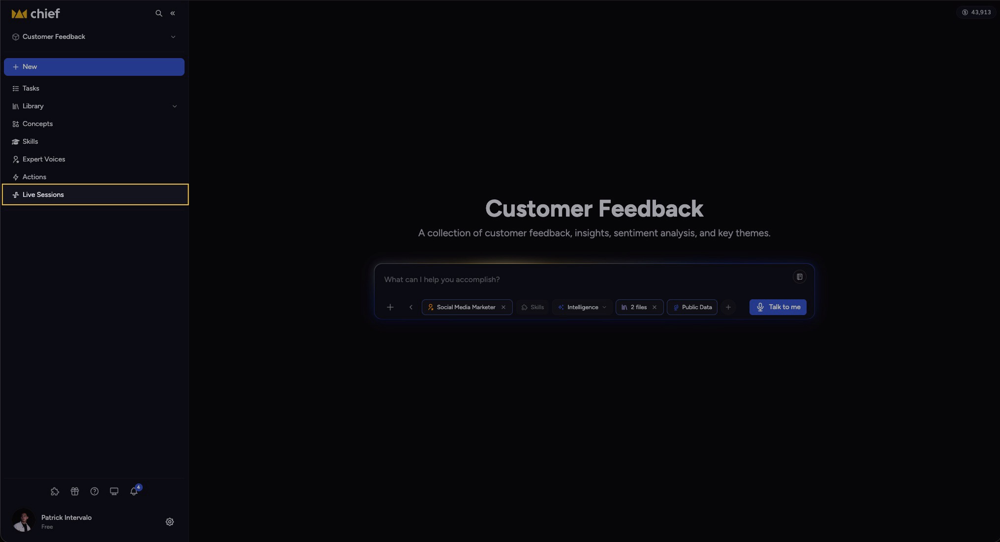 Chief - the project home with Live Sessions selected in the navigation