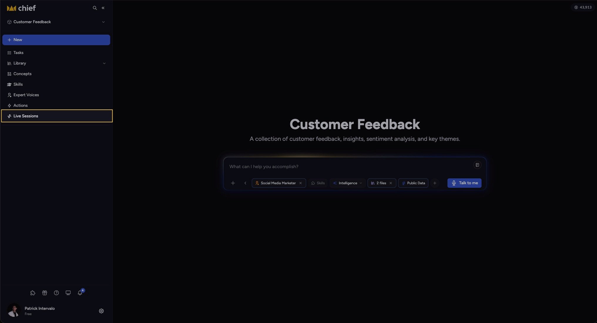 Chief - the project home with Live Sessions selected in the navigation