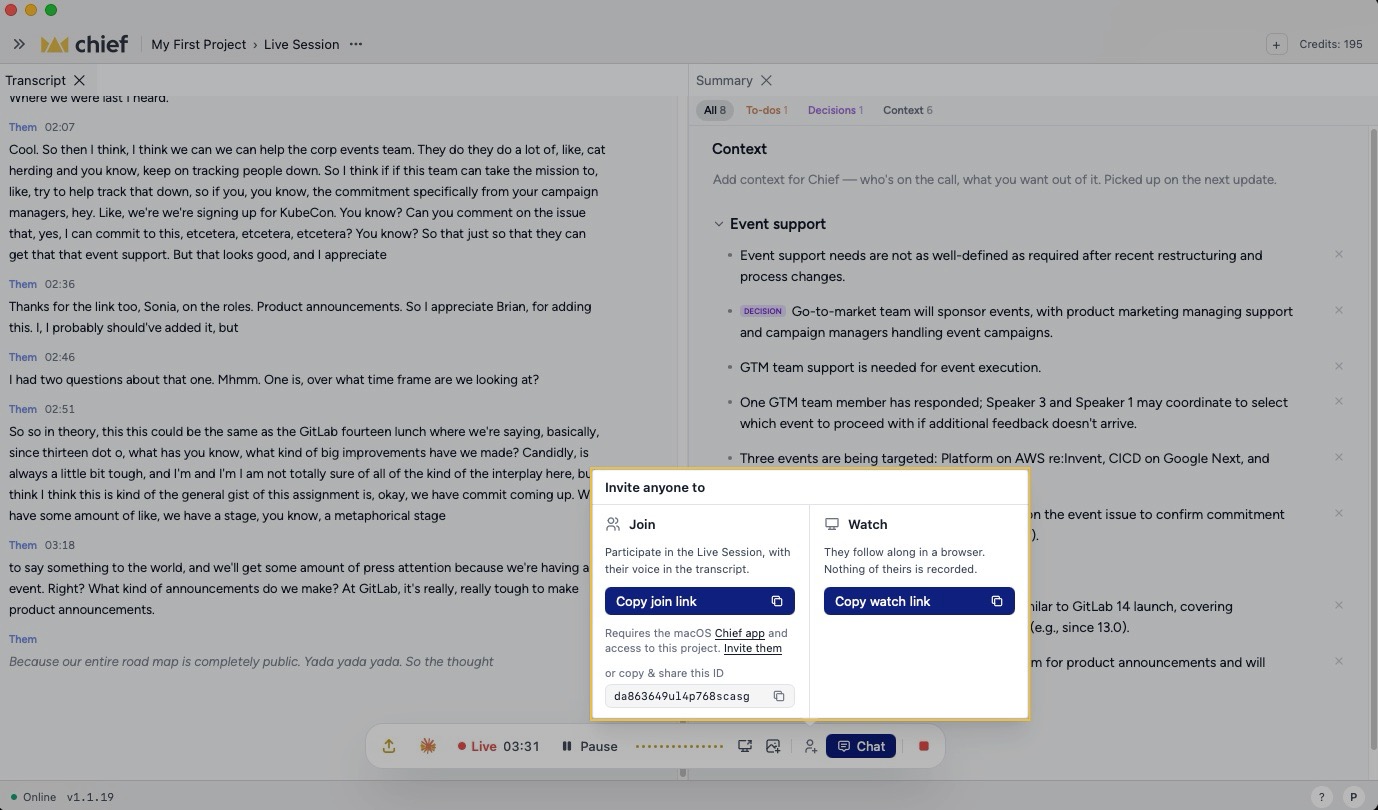 Chief Live Sessions - sharing a session with a participant or watcher