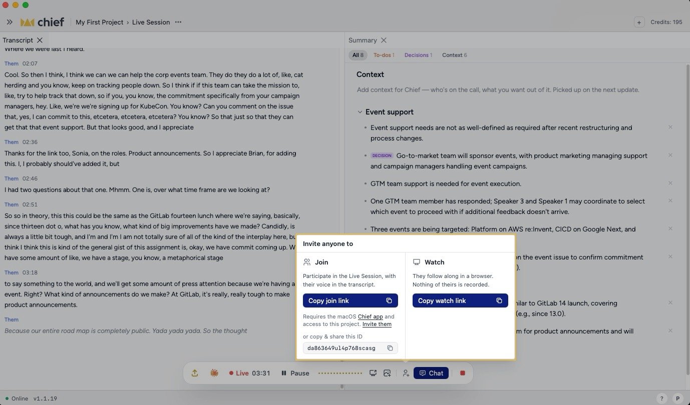 Chief Live Sessions - sharing a session with a participant or watcher