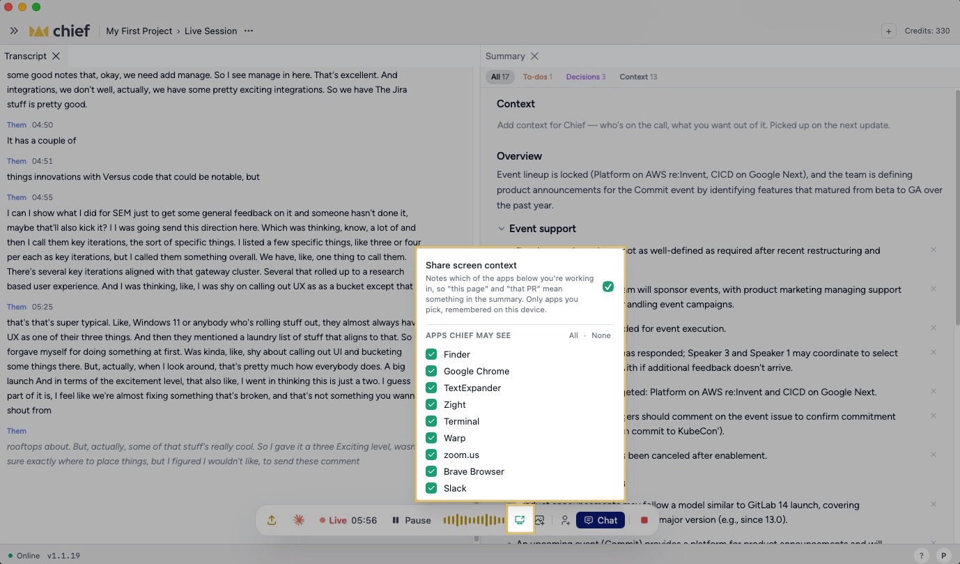 Chief Live Sessions - selecting apps to share screen context