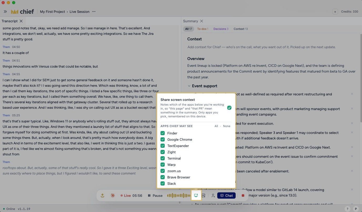 Chief Live Sessions - selecting apps to share screen context