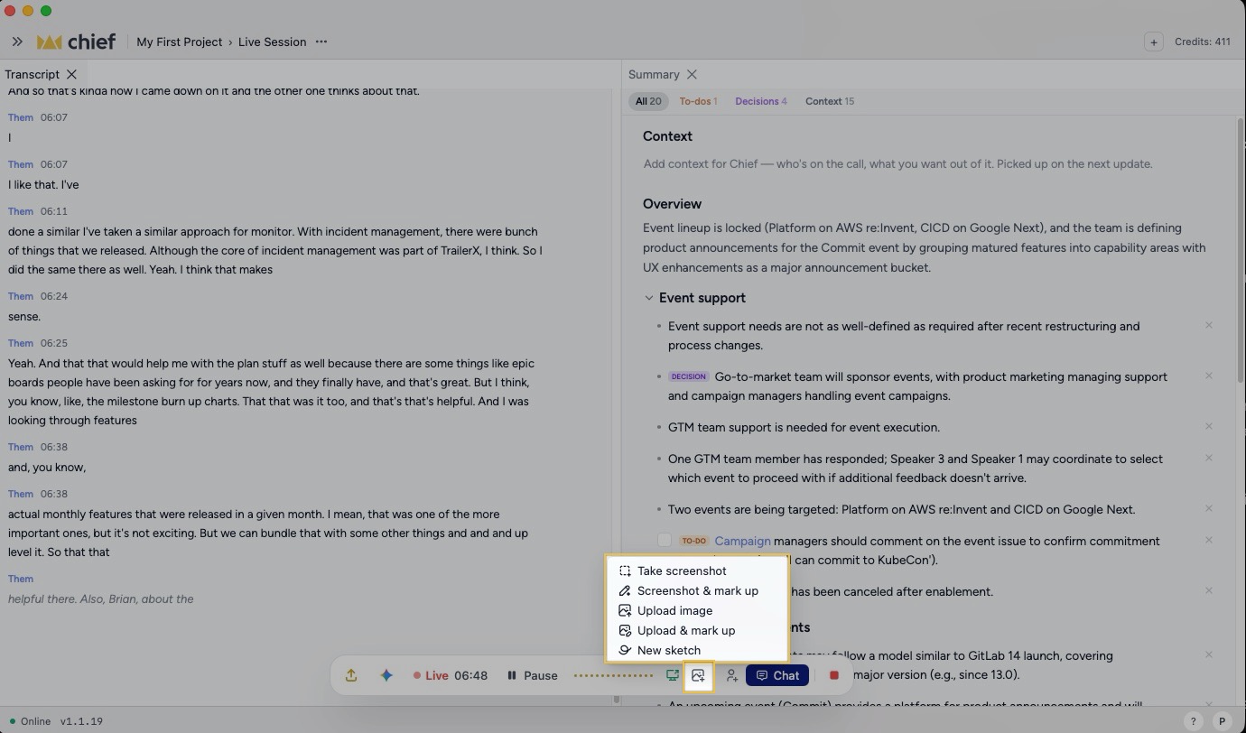Chief Live Sessions - adding a screenshot to the transcript