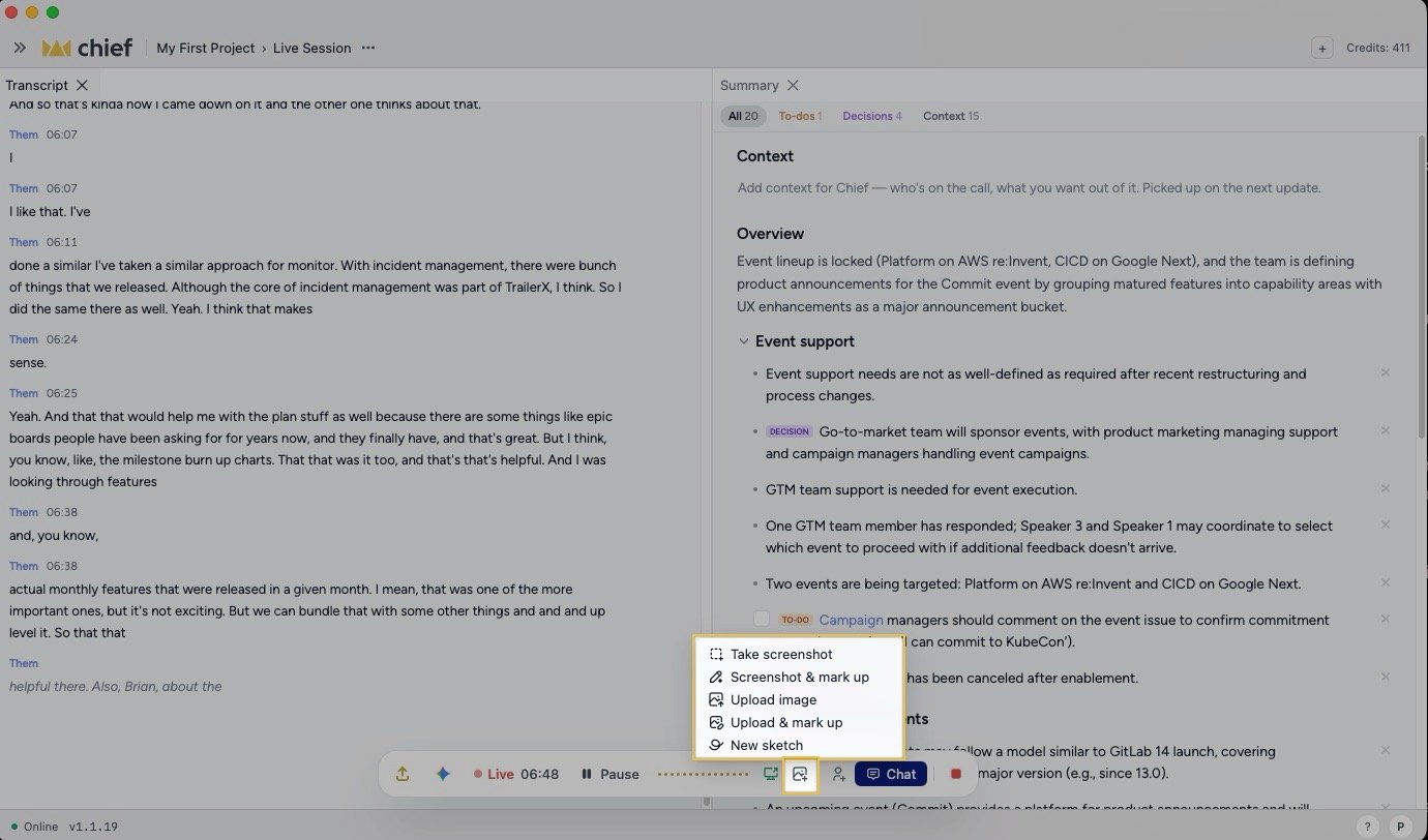 Chief Live Sessions - adding a screenshot to the transcript
