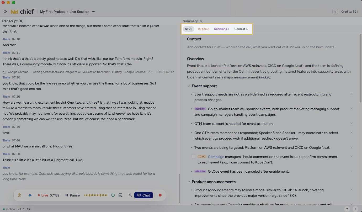 Chief Live Sessions - the generated summary, decisions, action items, and task suggestions