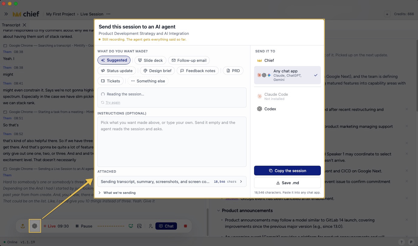 Chief Live Sessions - sending a completed session to an AI agent