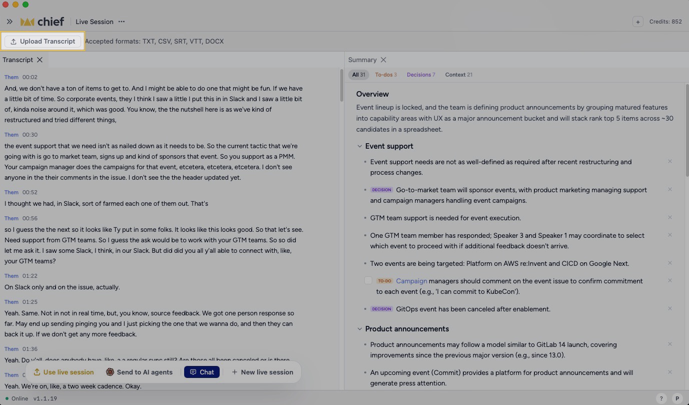 Chief Live Sessions - uploading an existing transcript