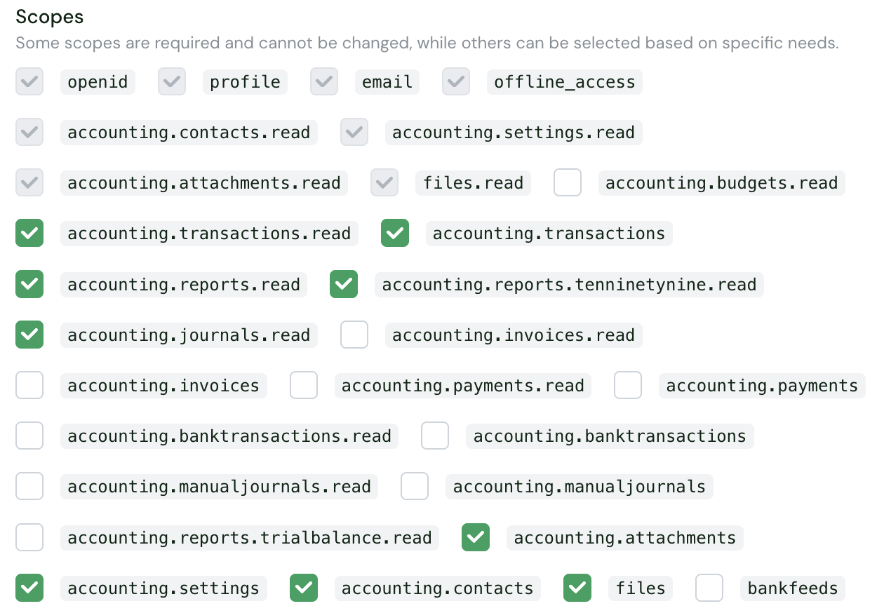 The Scopes setting in the Chift Xero connector settings: the scopes Chift always requests are greyed out, the optional ones can be ticked