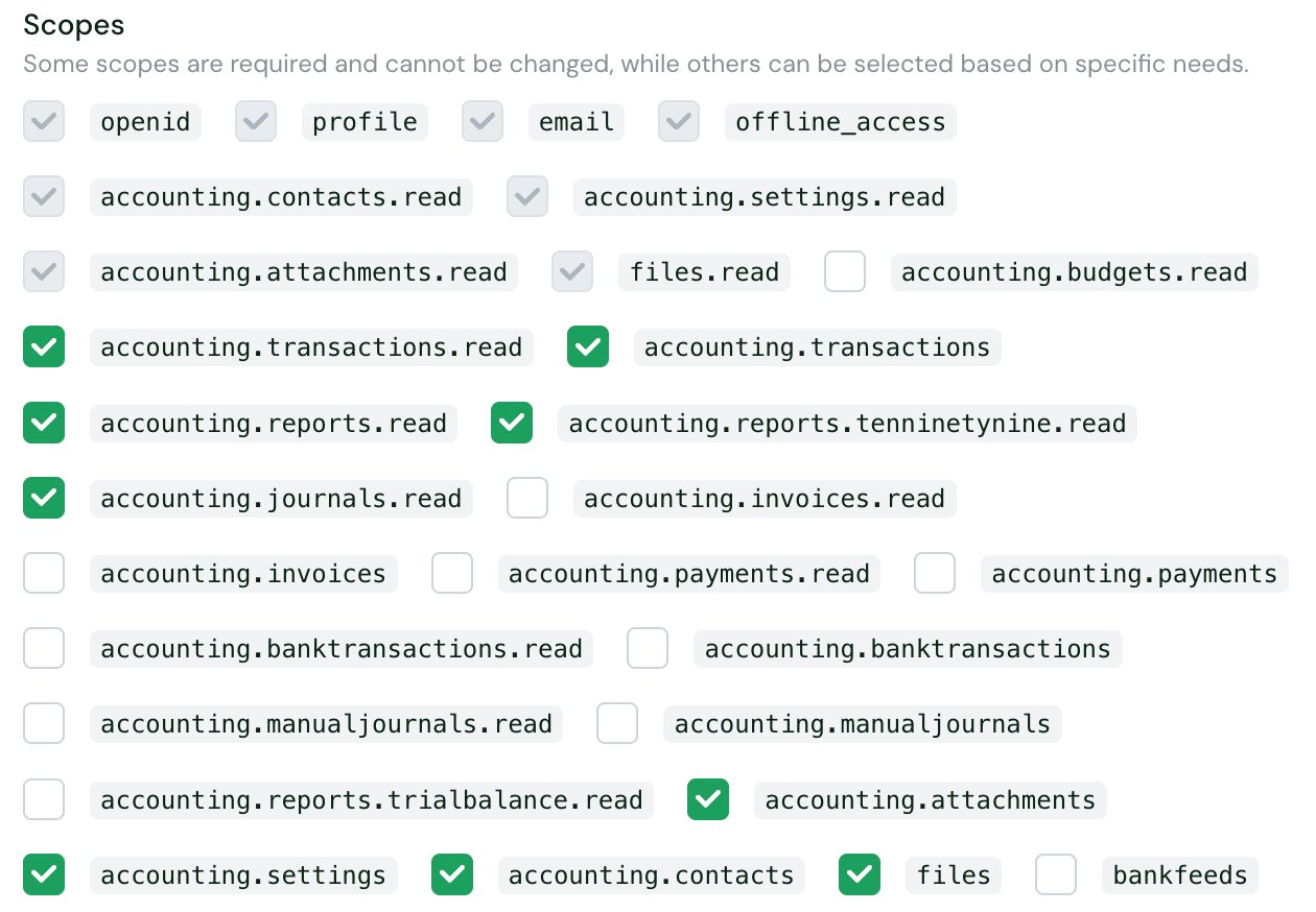 The Scopes setting in the Chift Xero connector settings: the scopes Chift always requests are greyed out, the optional ones can be ticked