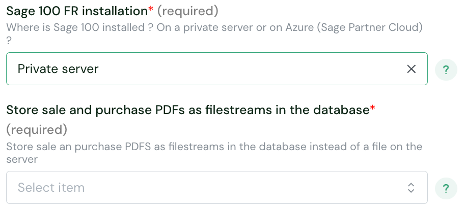 The Sage 100 FR installation field set to Private server in the end-user connection form, with the Store sale and purchase PDFs as filestreams in the database field below it