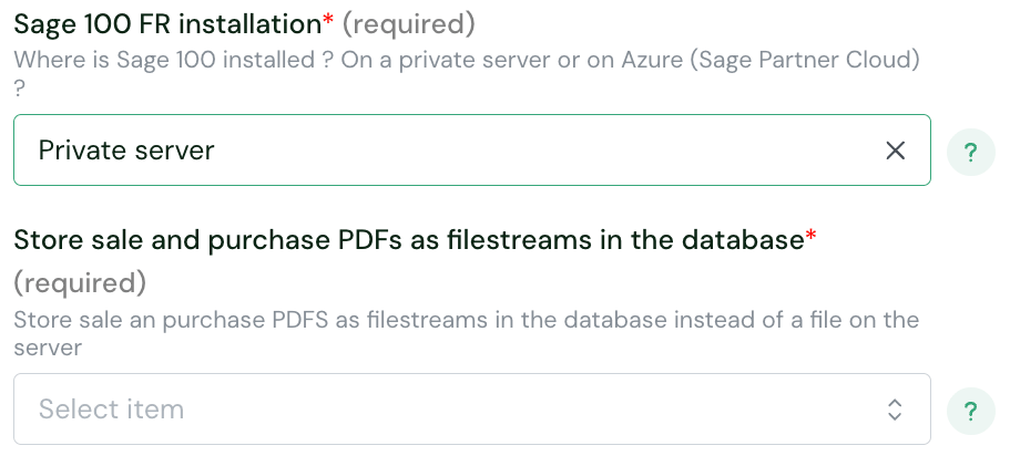 The Sage 100 FR installation field set to Private server in the end-user connection form, with the Store sale and purchase PDFs as filestreams in the database field below it