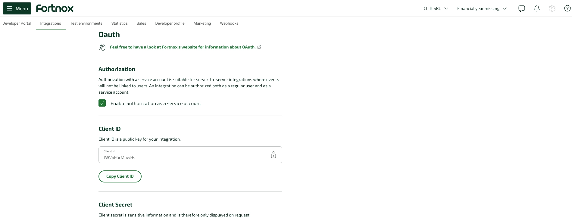 Fortnox Developer Portal – OAuth Client ID configuration