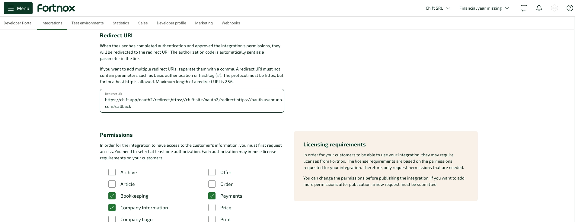 Fortnox Developer Portal – Redirect URI and Permissions