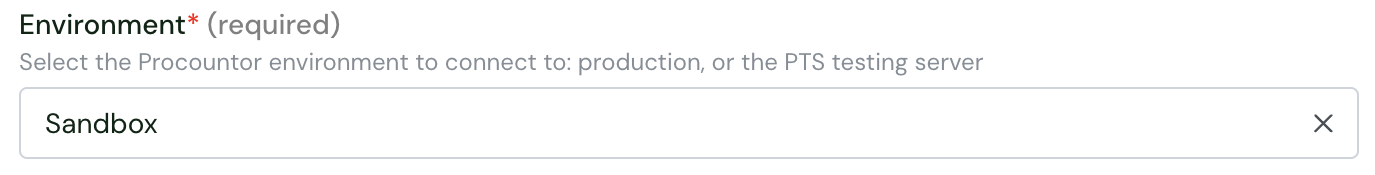 The Environment setting in the Chift connector settings for Procountor, set to Sandbox