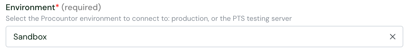 The Environment setting in the Chift connector settings for Procountor, set to Sandbox
