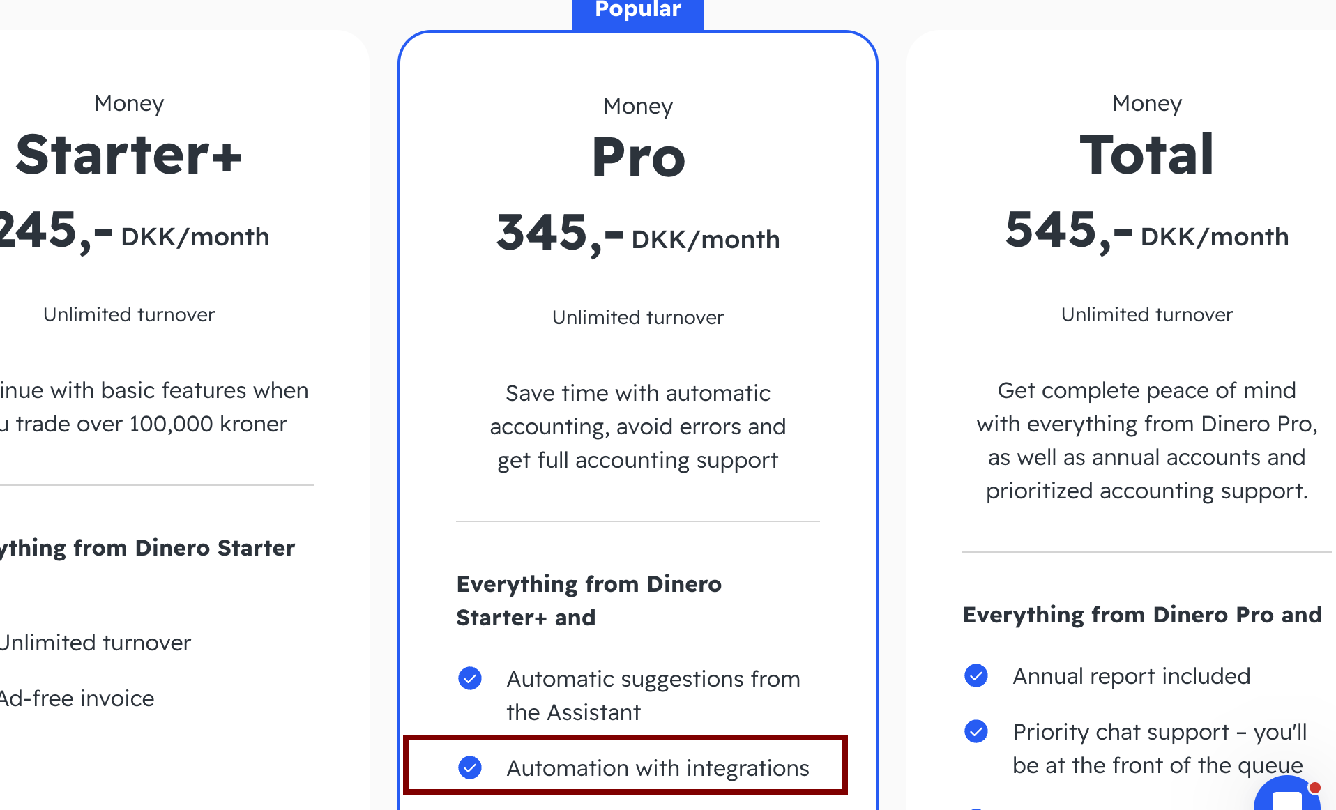 Dinero pricing plans — Starter+, Pro and Total