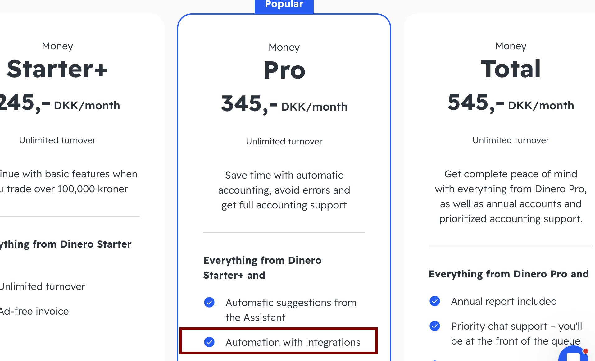 Dinero pricing plans — Starter+, Pro and Total