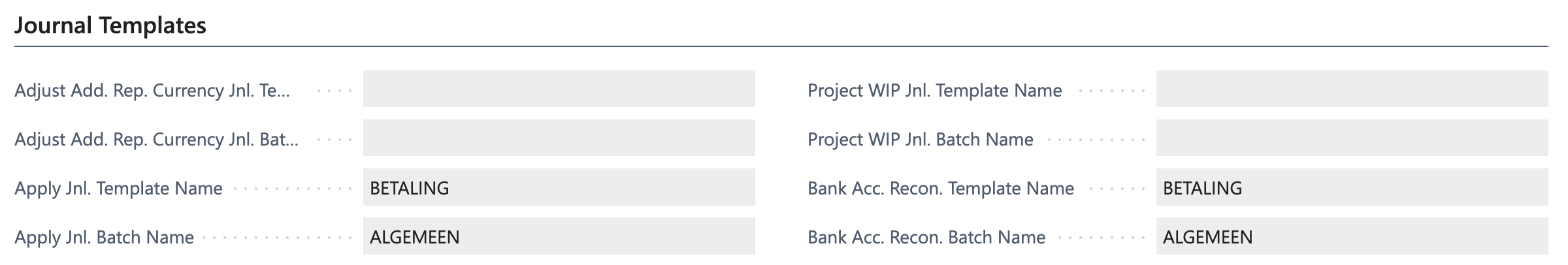 The Journal Templates section of General Ledger Setup, with the Bank Acc. Recon. Template Name and Bank Acc. Recon. Batch Name fields filled in