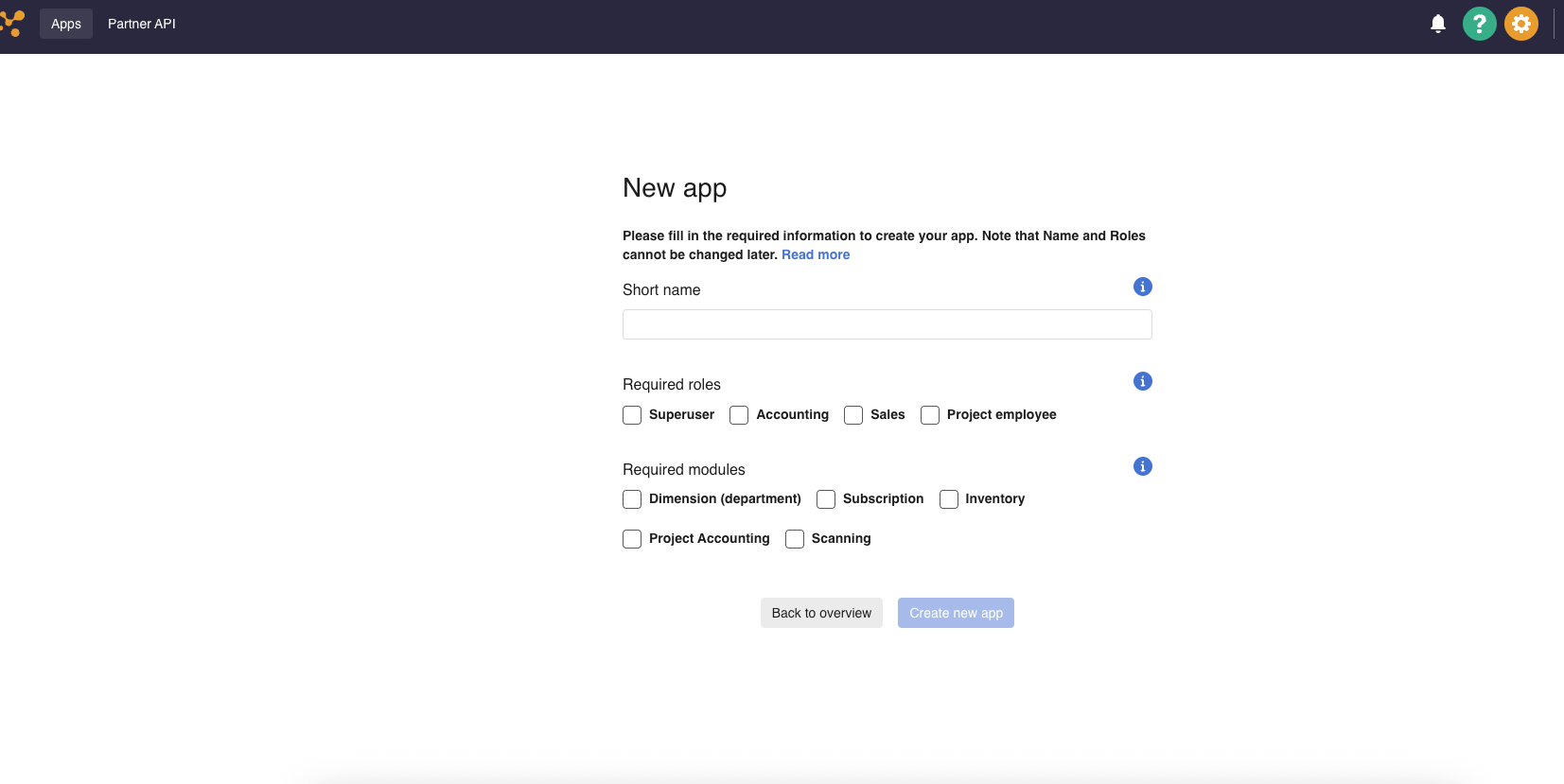 New app form in the e-conomic developer portal with required roles and required modules