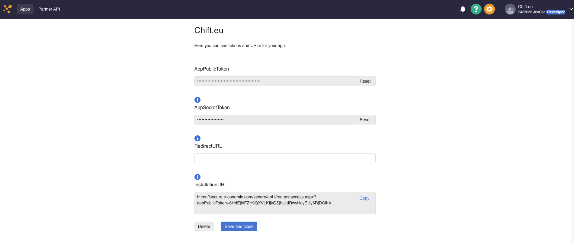 e-conomic app credentials page showing AppPublicToken, AppSecretToken and InstallationURL